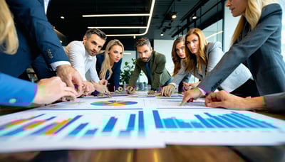 Business leaders collaborating around a conference table, brainstorming solutions. Business leaders collaborating around a conference table, brainstorming solutions.